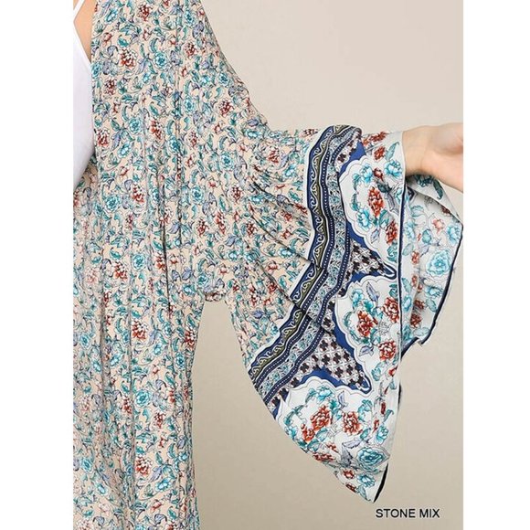 Plus Boho Floral Gypsy Kimono Cardigan Duster - Picture 3 of 5